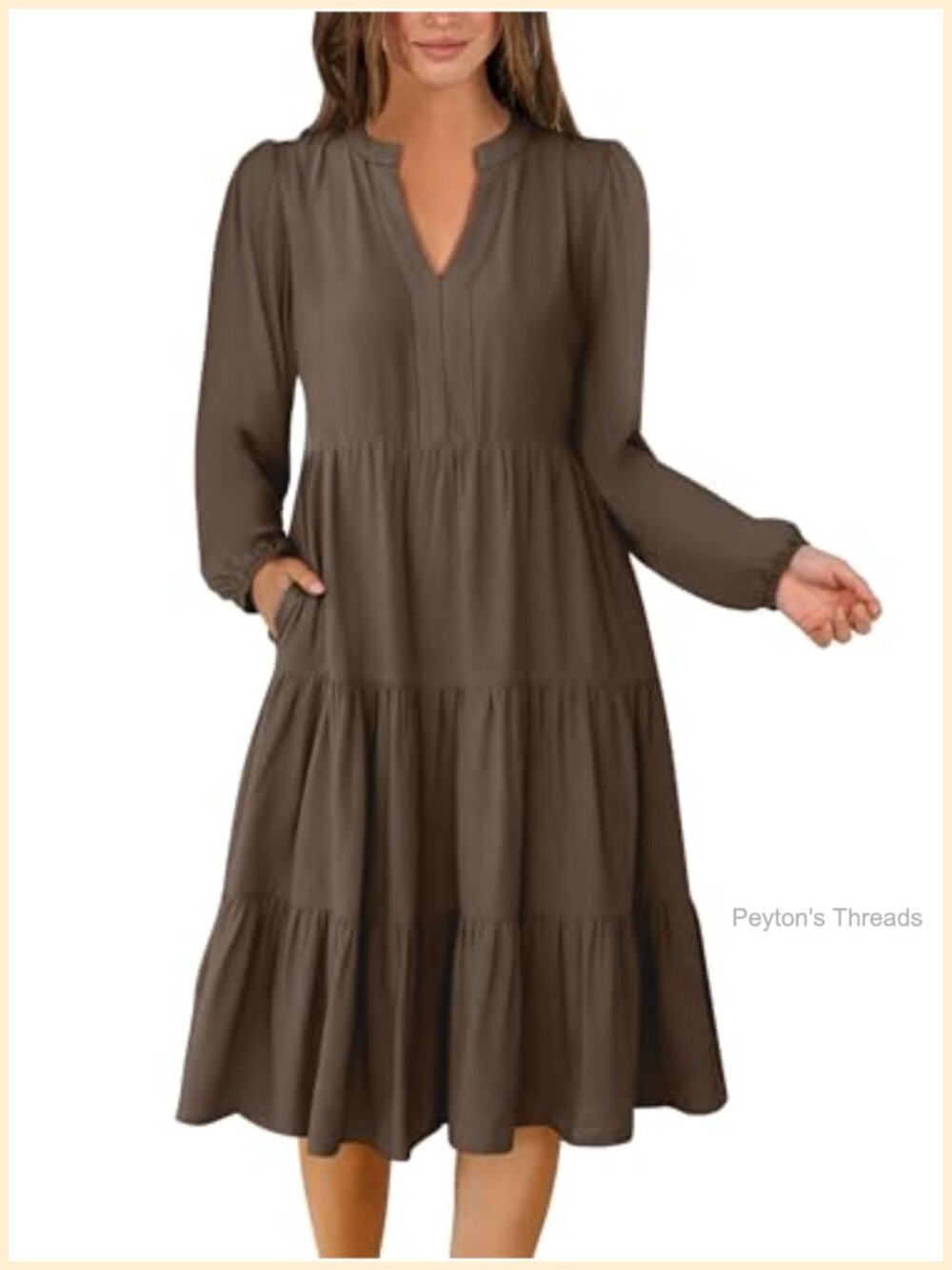 Womens V Neck Long Sleeve Midi Dress Flowy Swing A-Line with Pockets